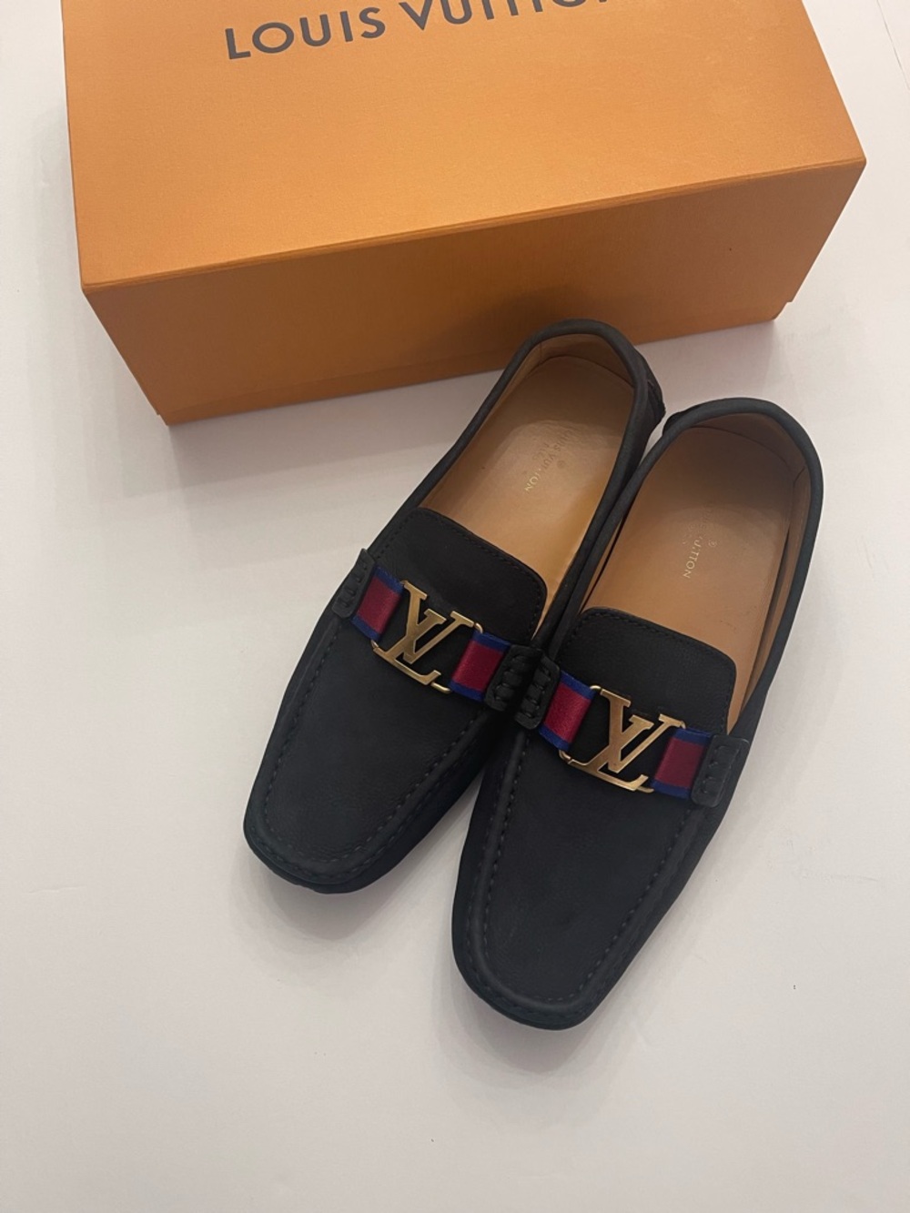 Louis Vuitton Black Suede Loafers with Red-Blue Ribbon and Gold LV Hardware